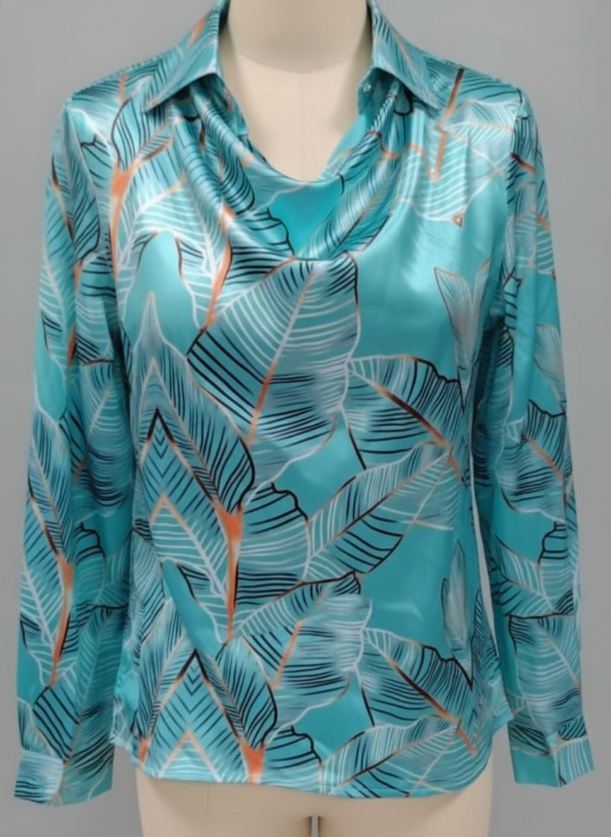 Satin Leaf Print Button-Up Shirt in Teal