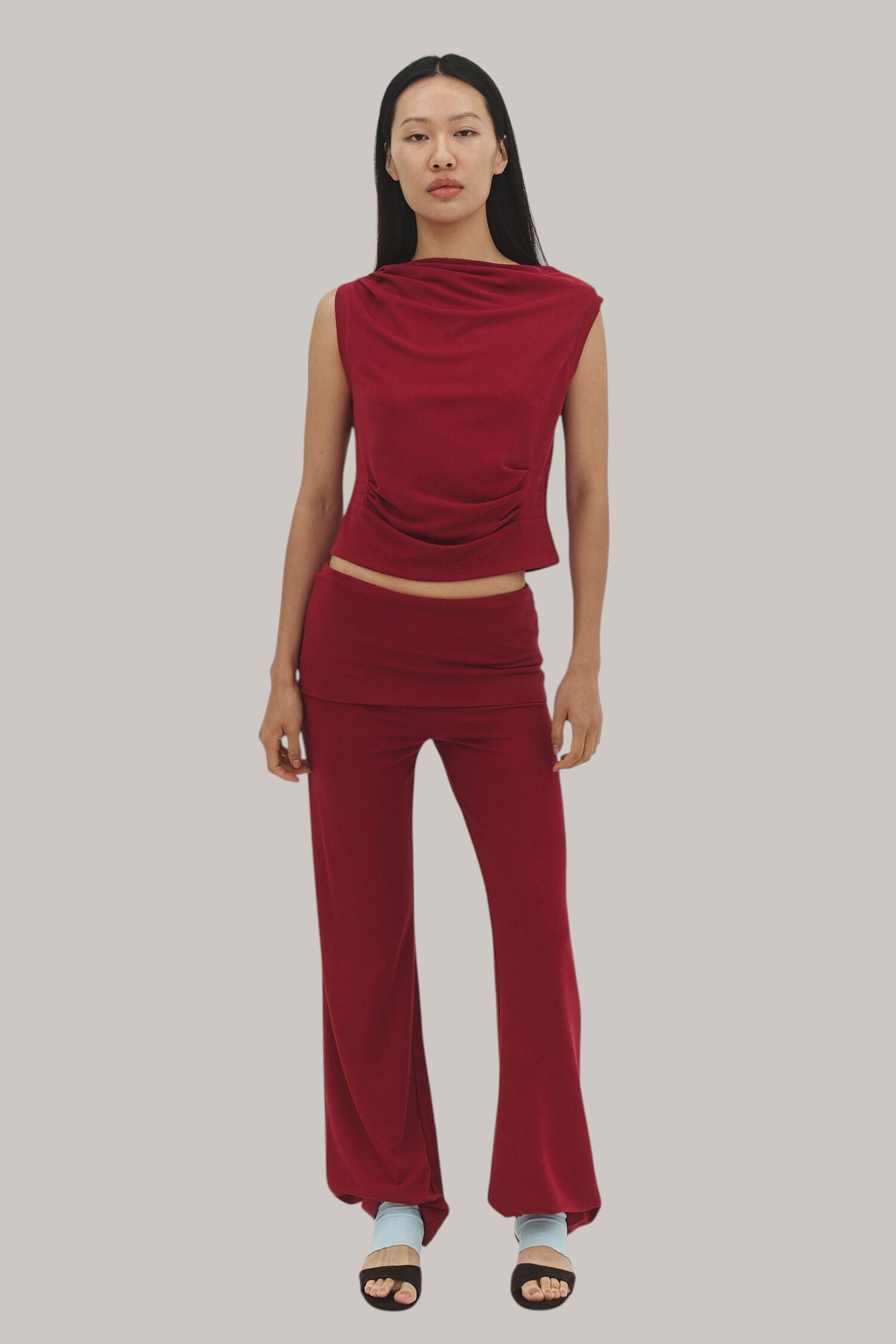Fold Over Waistband Flare Leg Trousers