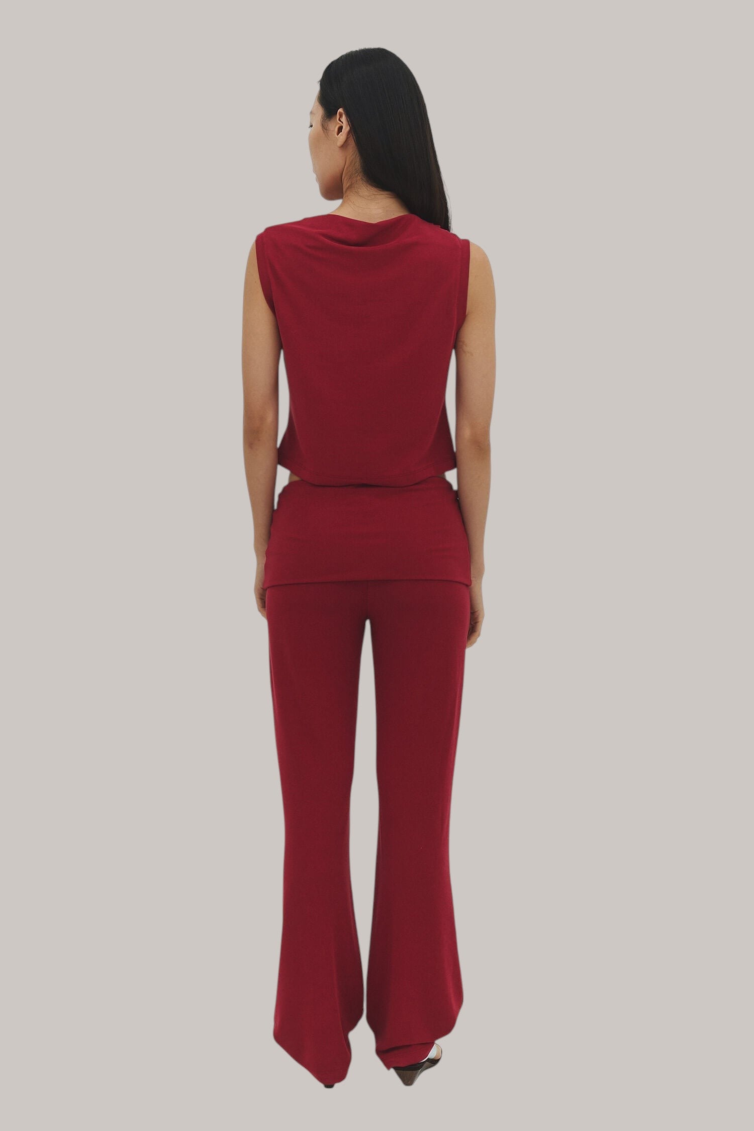 Fold Over Waistband Flare Leg Trousers