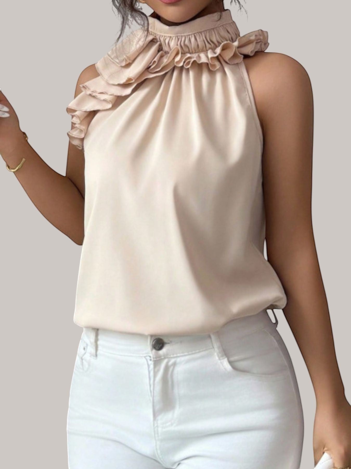 MICHEL sleeveless high neck top in beige polyester featuring delicate ruffled trim and a buttoned closure.