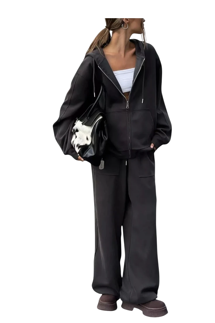 MICHEL oversized black zip-up hoodie and matching wide-leg pants two-piece set with pockets and drawstring waist