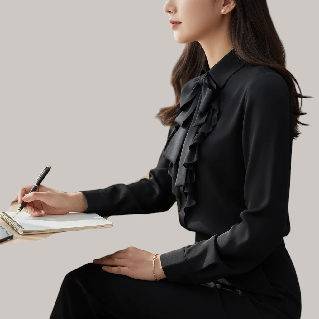 MICHEL black long sleeve blouse with ruffled tie front and frill detailing worn by a woman writing at a desk.
