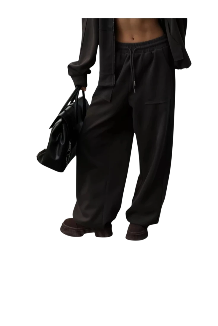 MICHEL two-piece set featuring a black zip-up hoodie and matching wide-leg drawstring pants with pockets