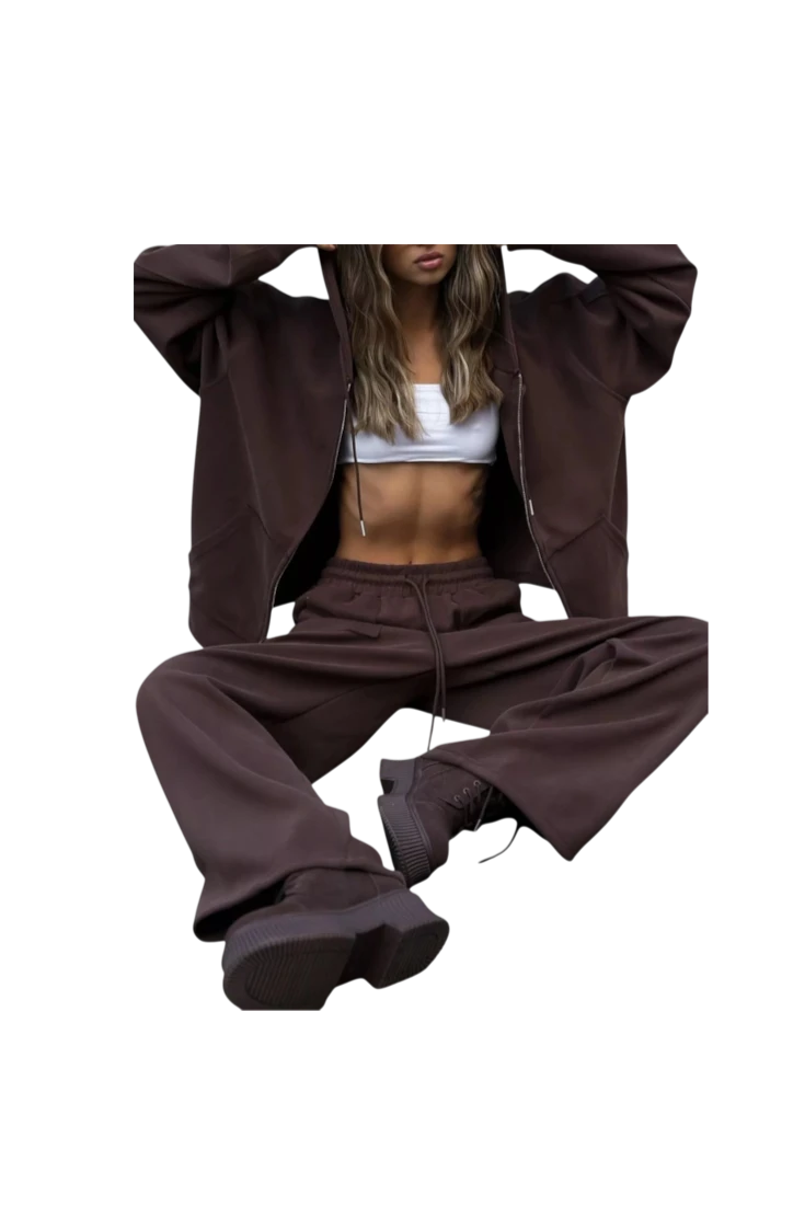 MICHEL oversized dark brown zip-up hoodie and matching wide-leg drawstring pants set worn by a model.