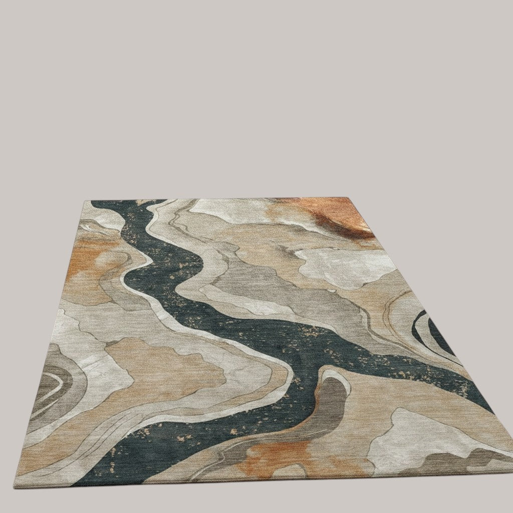 MICHEL Chantille performance area rug with abstract transitional design in putty, grey, and rust tones on wood floor.