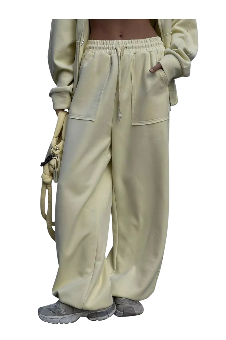 MICHEL oversized cream zip-up hoodie and wide-leg drawstring pants set with front pockets