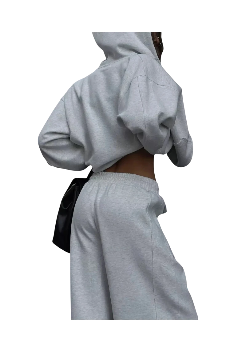 MICHEL grey oversized zip-up hoodie and matching wide-leg lounge pants set on a model