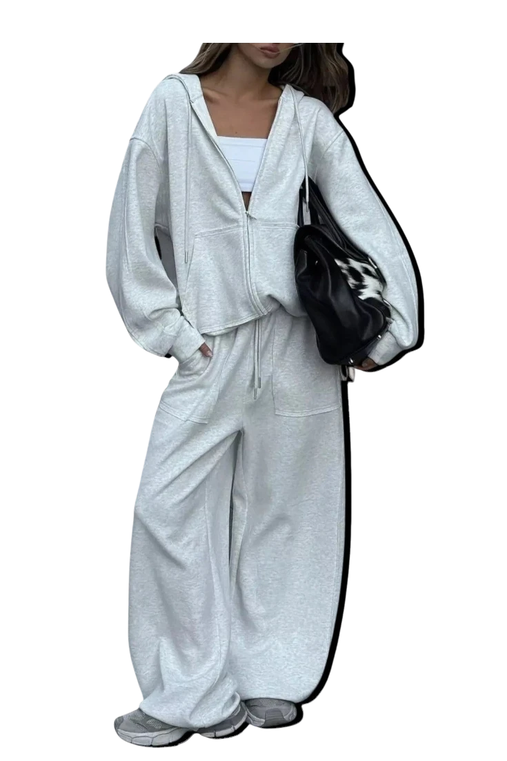 MICHEL two-piece set featuring an oversized grey zip-up hoodie and matching wide-leg drawstring pants with pockets.