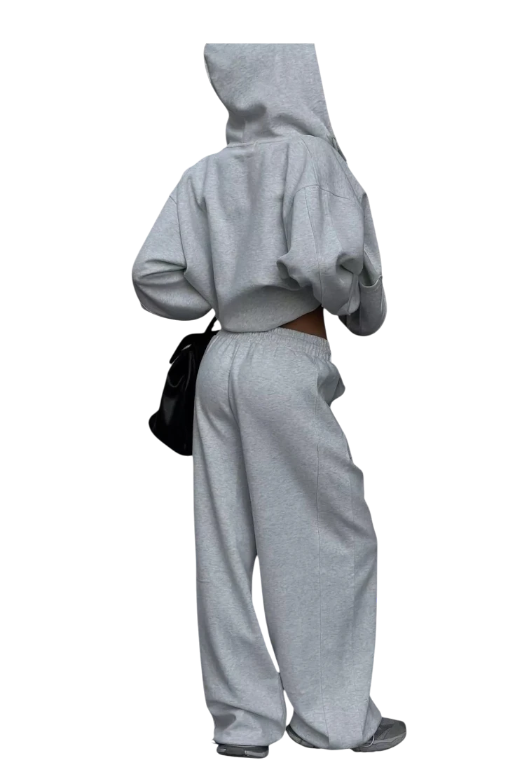 MICHEL grey oversized zip-up hoodie and wide-leg pants lounge set worn by a model from the back view
