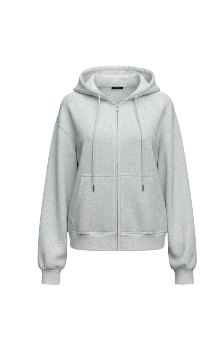 MICHEL light grey oversized zip-up hoodie with a drawstring hood and front pockets in a soft polyester blend