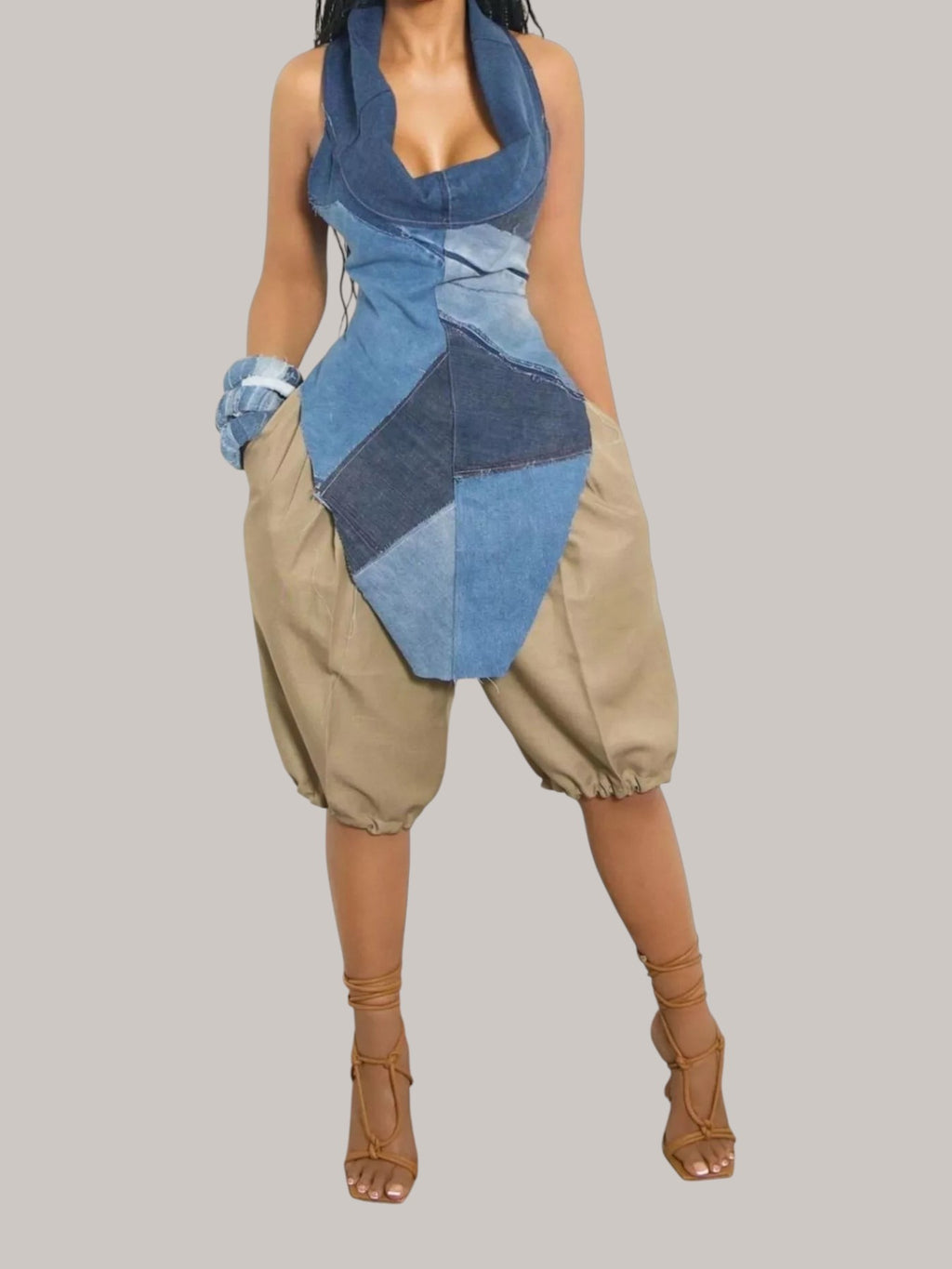 MICHEL high waist khaki shorts with pleated detail and drawstring, paired with a patchwork denim cowl neck top