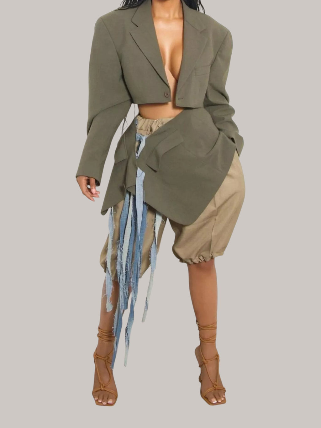MICHEL high waist pleated shorts in khaki with drawstring and denim fringe detail worn with a cropped blazer