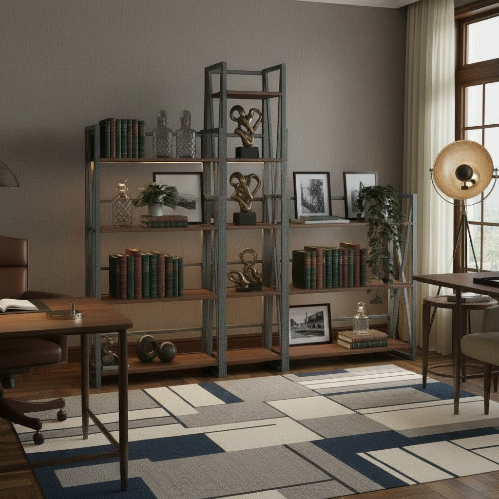 MICHEL Isa 3-Piece Shelving Set in graphite and walnut finish, styled in a modern home office with books and decor.