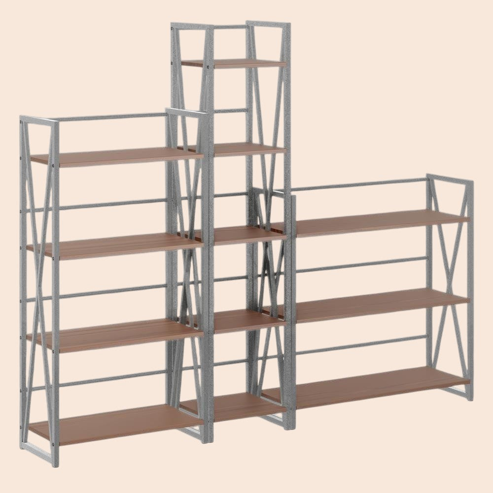 MICHEL Isa 3-piece modular shelving set with graphite metal frames and walnut wood shelves in a contemporary design.