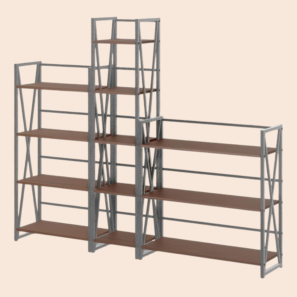 MICHEL Isa 3-piece modular shelving set with graphite metal frames and walnut wood shelves in a contemporary design