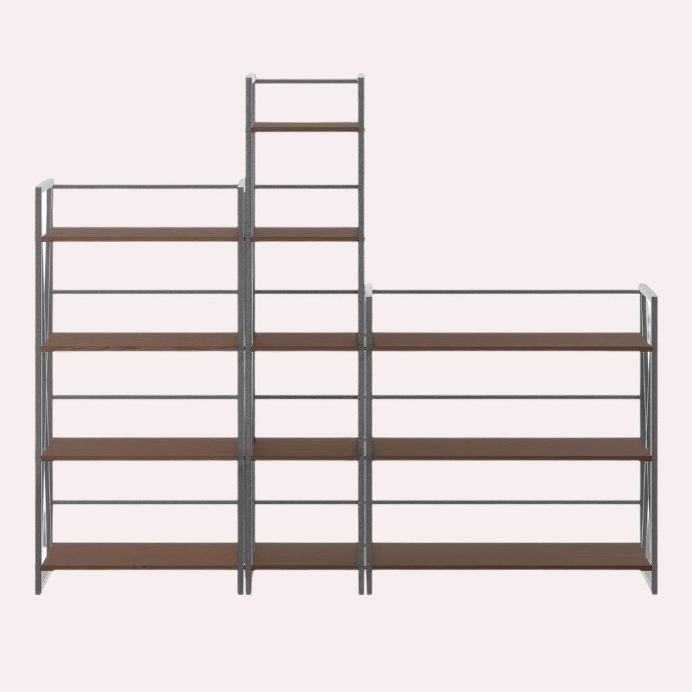 MICHEL Isa 3-piece modular shelving set with graphite metal frames and walnut wood shelves in a contemporary design.