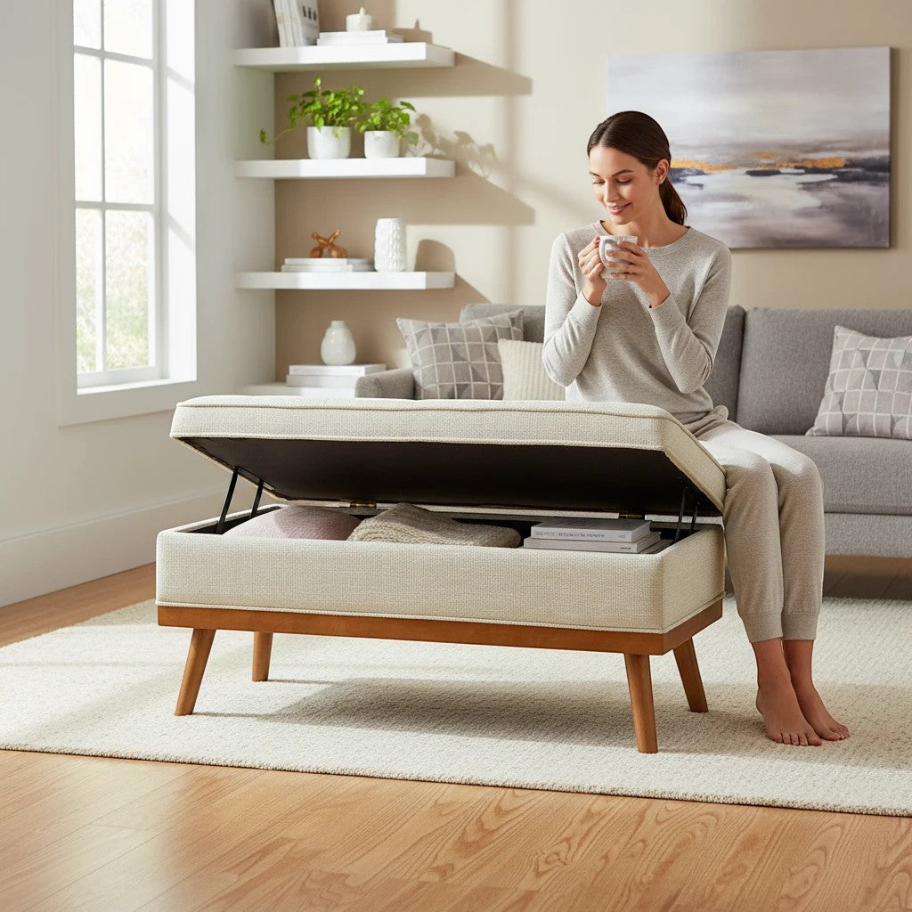 MICHEL Katheryn linen storage bench with tufted top and tapered wood legs in a modern living room setting