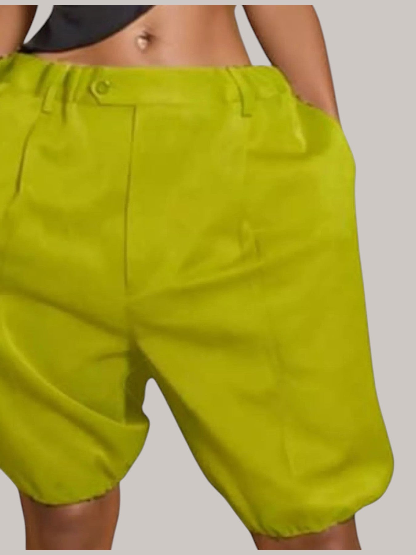 MICHEL high waist pleated shorts in lime green polyester blend with drawstring and side pockets