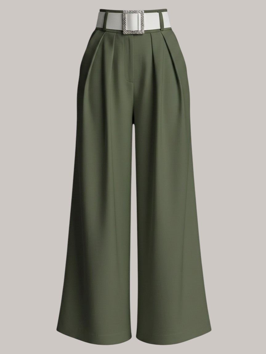 MICHEL high-waisted olive green wide-leg pants featuring a decorative crystal-embellished belt and side pockets.