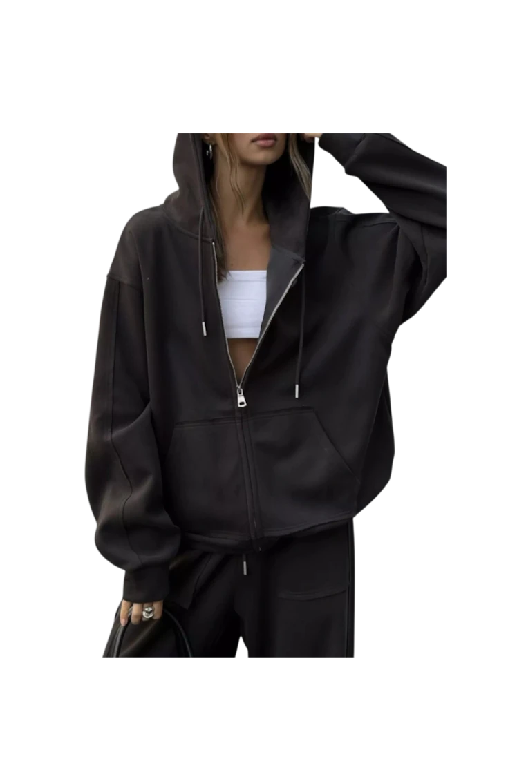 MICHEL oversized black zip-up hoodie with drawstring hood and matching wide-leg pants in polyester blend
