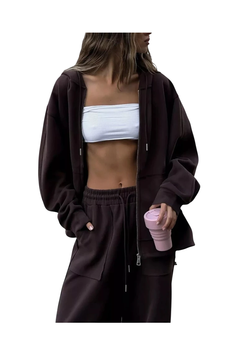MICHEL oversized dark brown zip-up hoodie and matching wide-leg pants set with pockets and drawstring waist