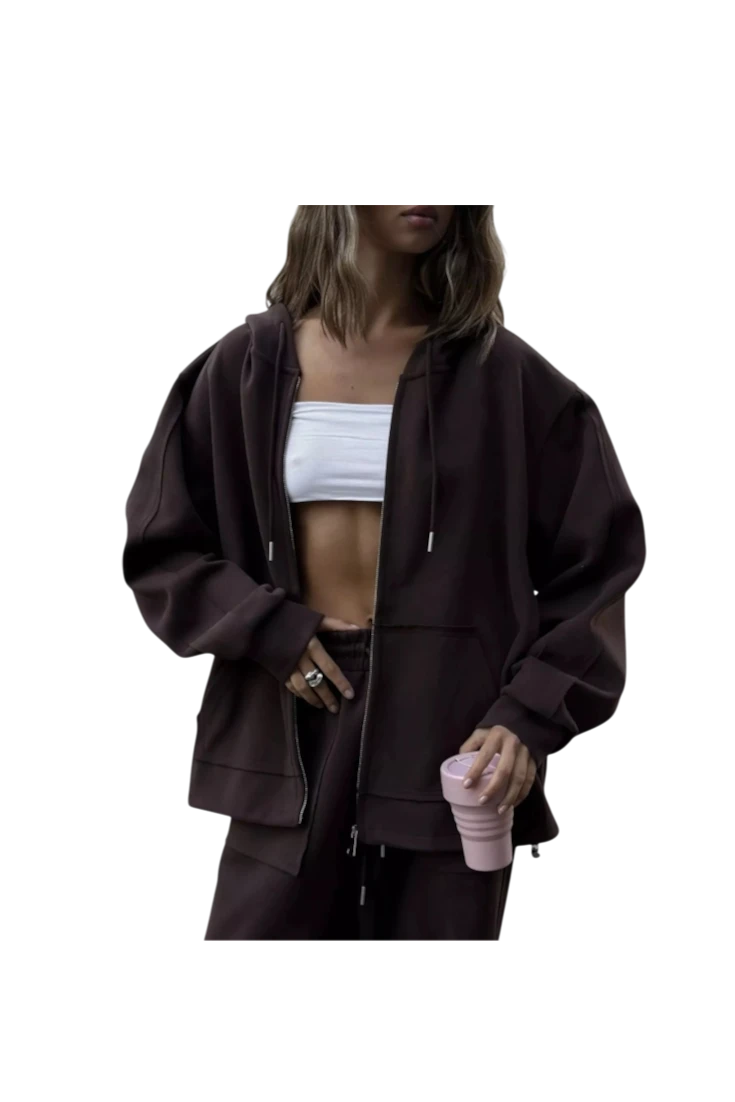 MICHEL oversized dark brown zip-up hoodie and matching wide-leg pants set with pockets and drawstring waist