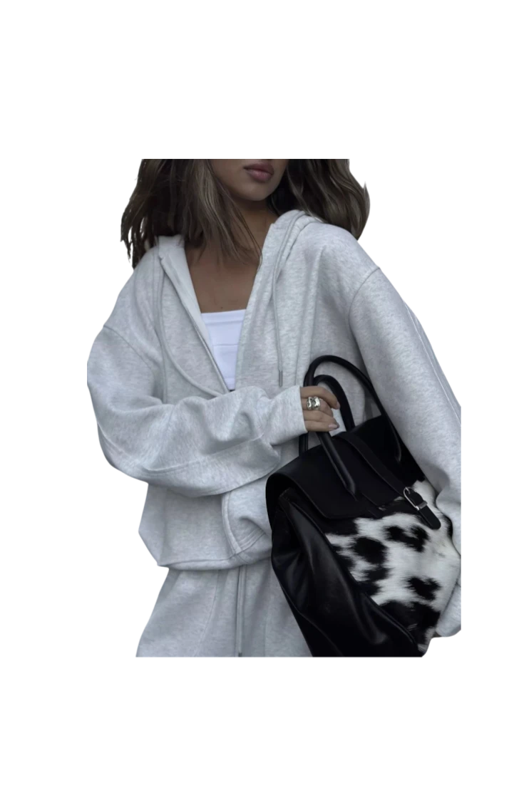 MICHEL oversized light grey zip-up hoodie and matching wide-leg pants set with a drawstring waist