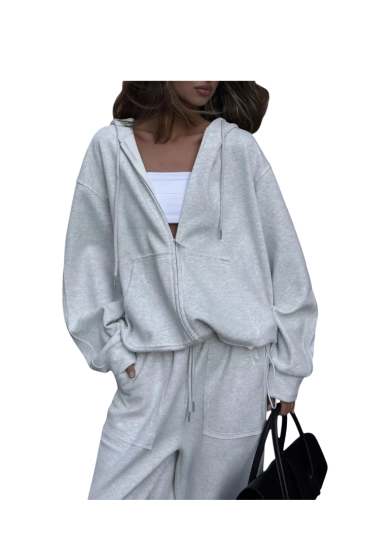 MICHEL oversized light grey zip-up hoodie and matching wide-leg pants set with pockets and drawstring waist