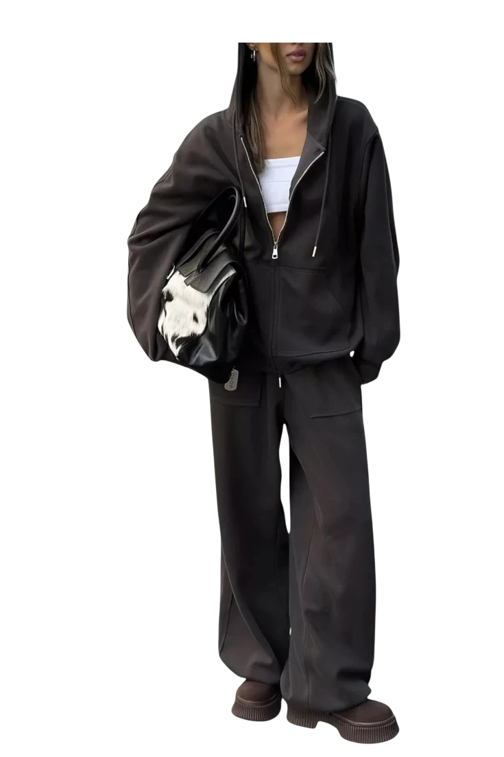 MICHEL oversized dark brown zip-up hoodie and matching wide-leg pants set with pockets on a model