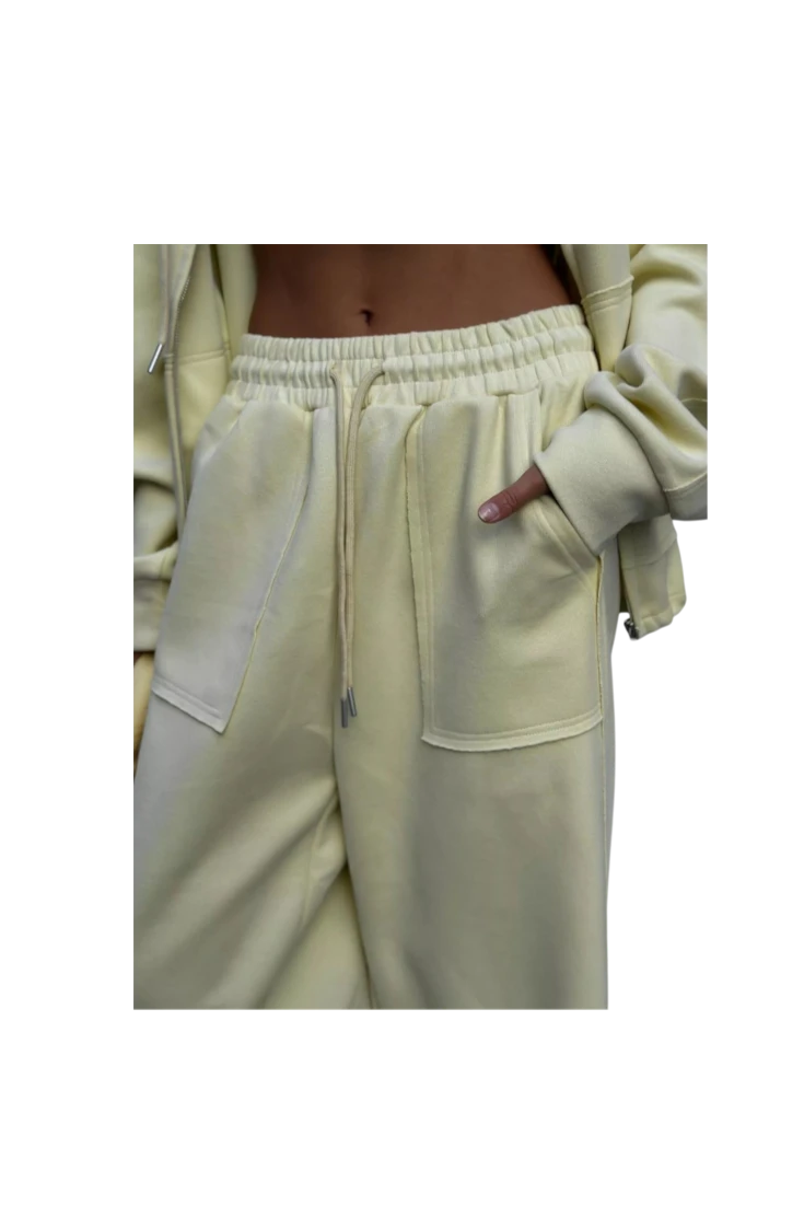 MICHEL oversized pale yellow wide-leg lounge pants with drawstring waist and large front pockets