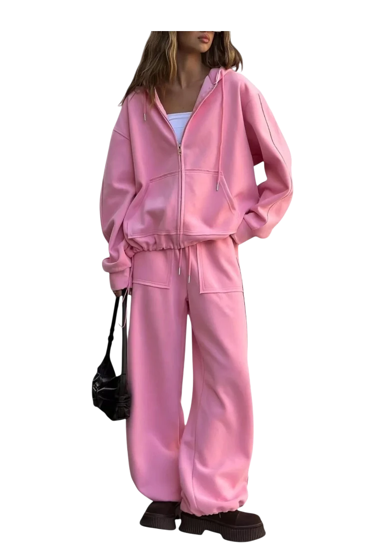 MICHEL pink oversized zip-up hoodie and matching wide-leg pants set with pockets and drawstring waist