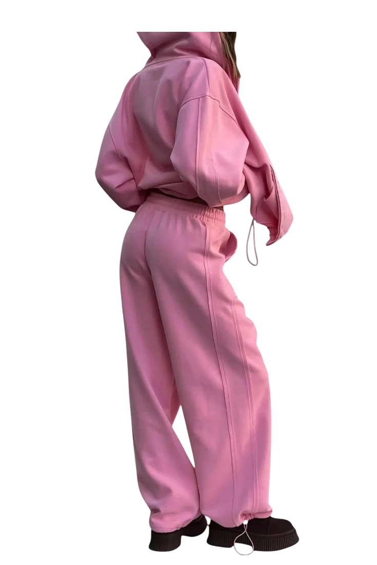 MICHEL pink oversized zip-up hoodie and wide-leg pants lounge set with drawstring details and pockets