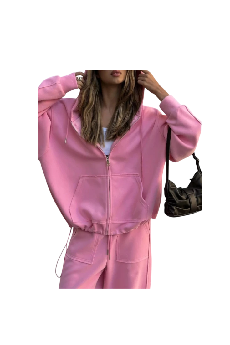 MICHEL pink oversized zip-up hoodie and matching wide-leg pants set with front pockets and drawstring details