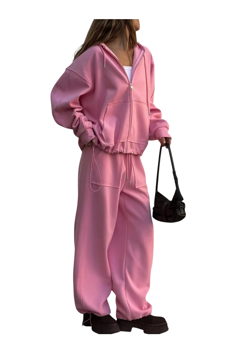 MICHEL pink oversized zip-up hoodie and wide-leg pants lounge set with pockets and drawstring waist