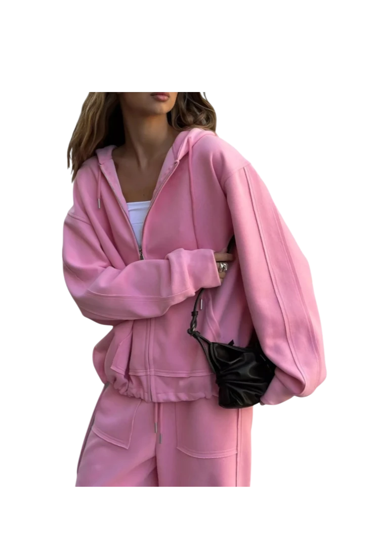 MICHEL pink oversized zip-up hoodie and matching wide-leg pants set with pockets and drawstring waist
