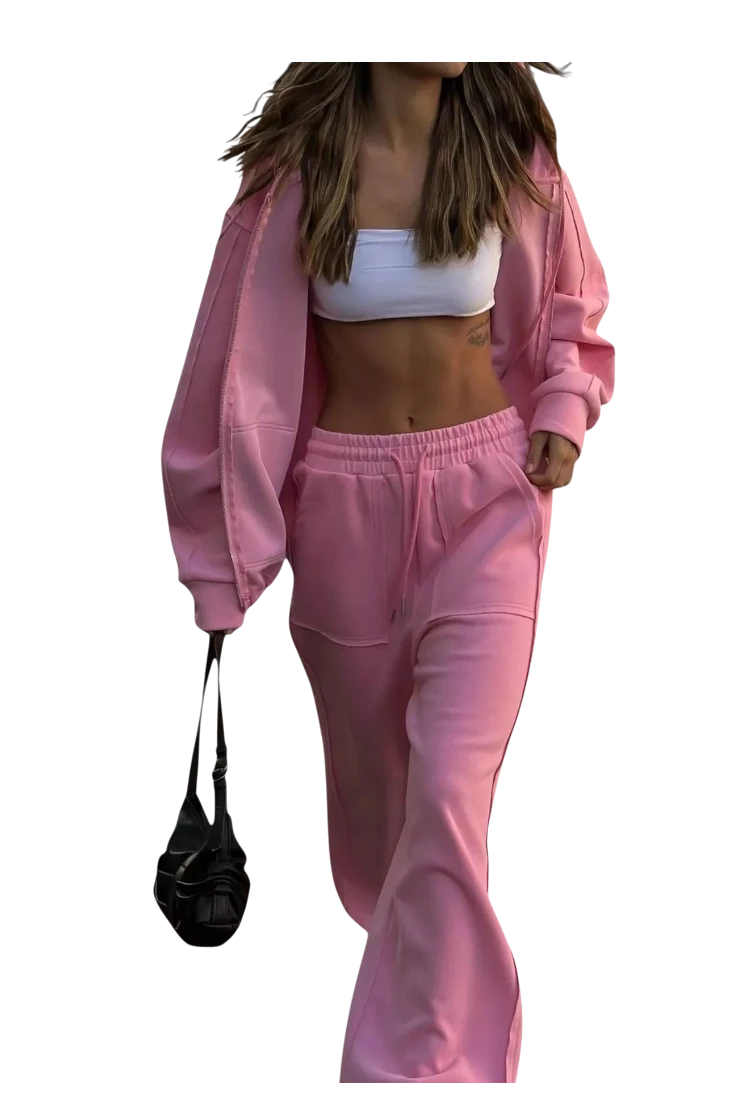 MICHEL pink two-piece set featuring an oversized zip-up hoodie and wide-leg drawstring pants with pockets.