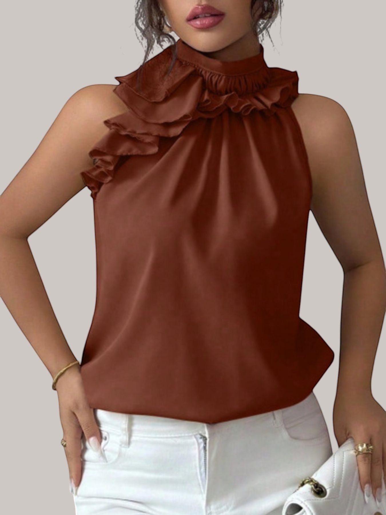 MICHEL sleeveless top in rust brown polyester featuring a high ruffled neck and button detailing