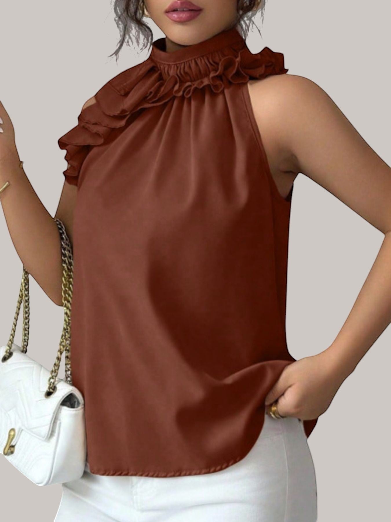 MICHEL sleeveless top in rust brown featuring a high ruffled neckline and button closure in a smooth polyester fabric