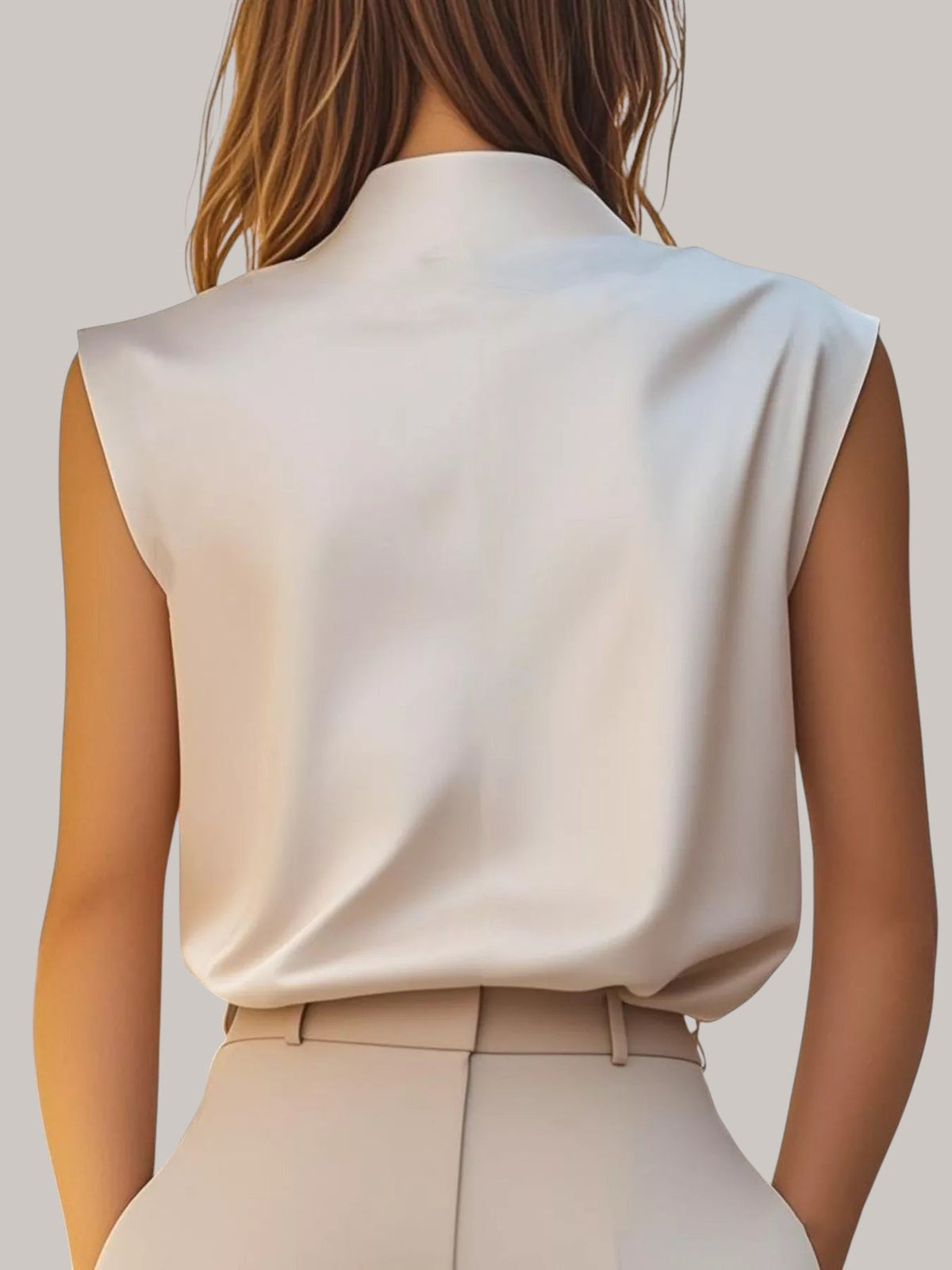 Back view of a woman wearing a MICHEL sleeveless champagne satin mock neck blouse with a fluid, elegant drape.