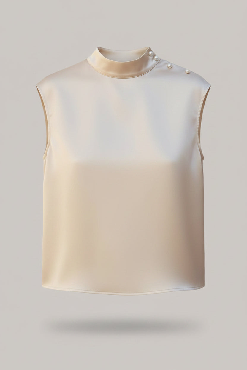 MICHEL sleeveless satin mock neck blouse in champagne with shoulder button detail worn by a woman