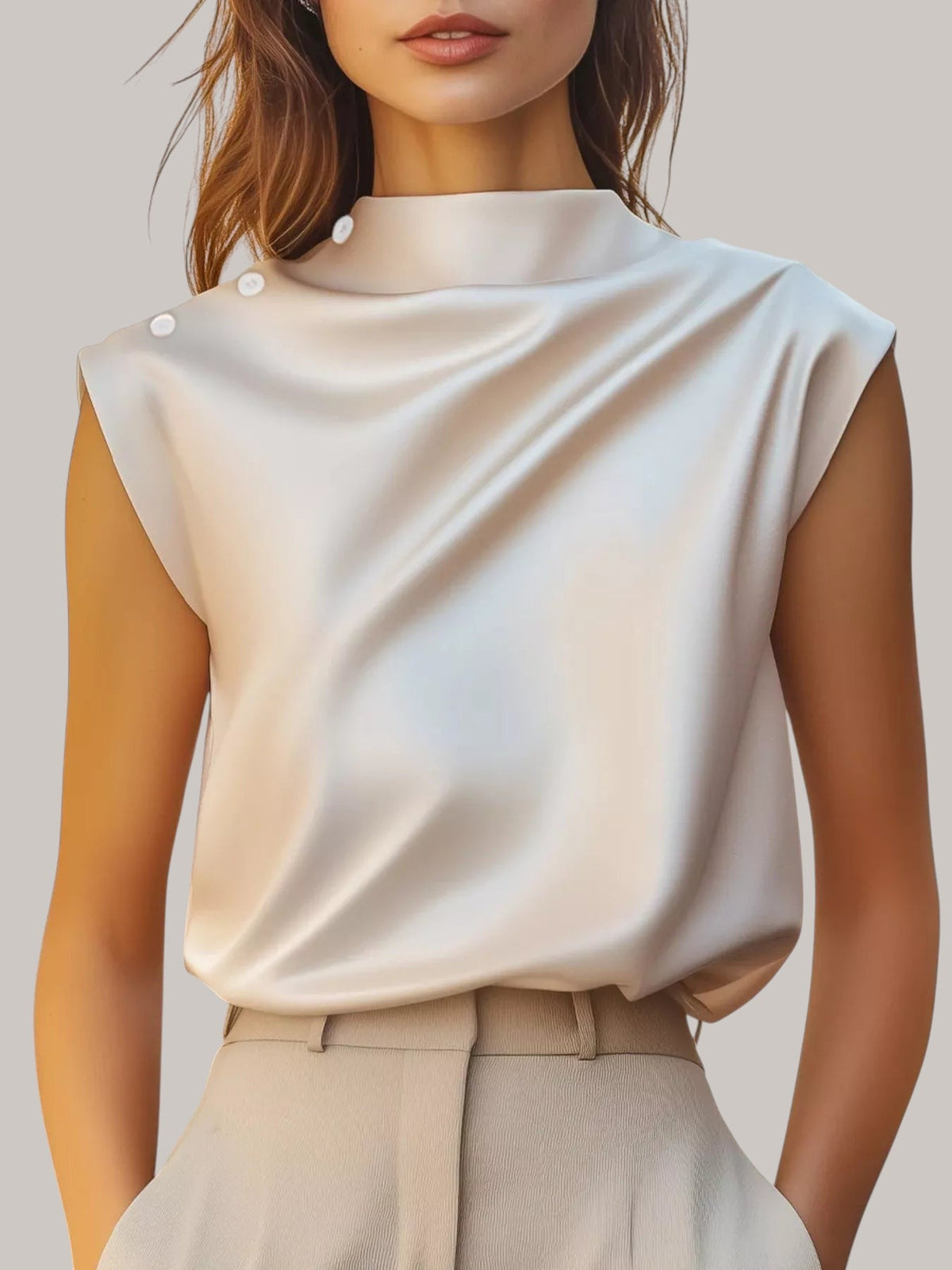 MICHEL sleeveless satin mock neck blouse in champagne with shoulder button detail worn by a woman