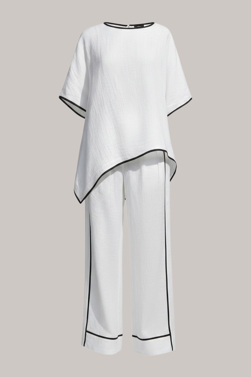 MICHEL two-piece white set with round neck top and wide-leg trousers featuring black contrast piping trim
