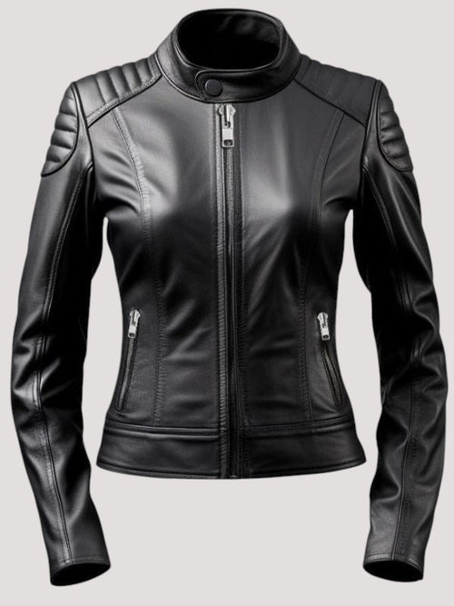 MICHEL women's black leather jacket with a tailored fit, mandarin collar, and quilted shoulder detailing.