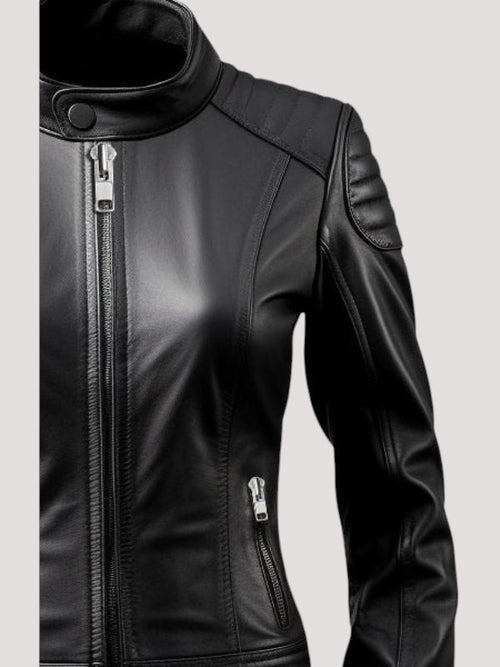 MICHEL women's black leather jacket featuring a tailored fit, mandarin collar, and quilted shoulder detailing.