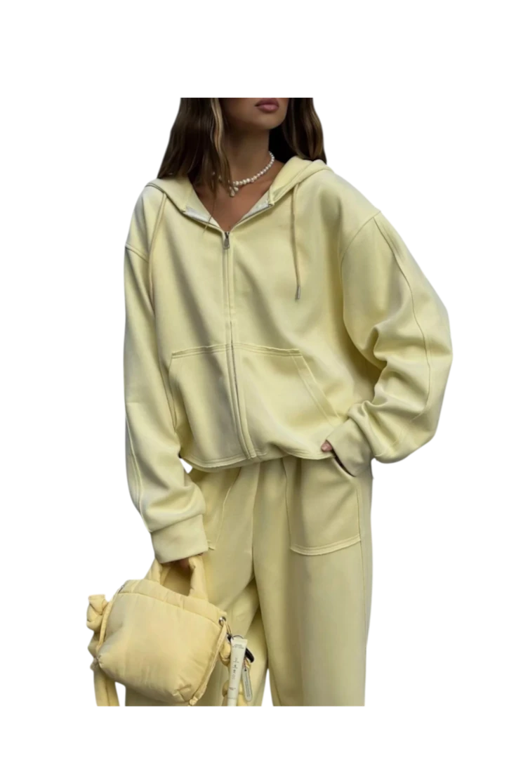 MICHEL oversized pale yellow zip-up hoodie and matching wide-leg pants set with pockets and drawstring detail